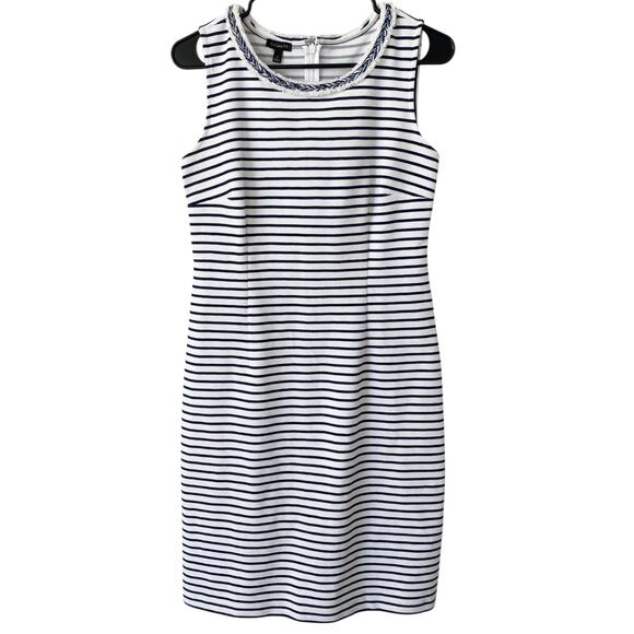 TALBOTS Career Dress Sheath Striped Braided Trim Navy White 4 Professional Chic - Picture 2 of 5